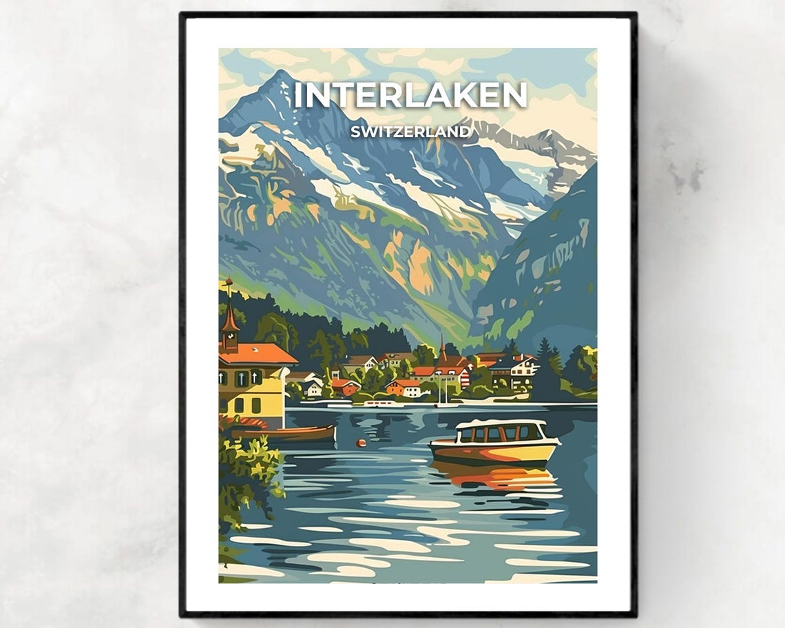 Interlaken Switzerland Alpine Lake Boats Peaks Travel Poster