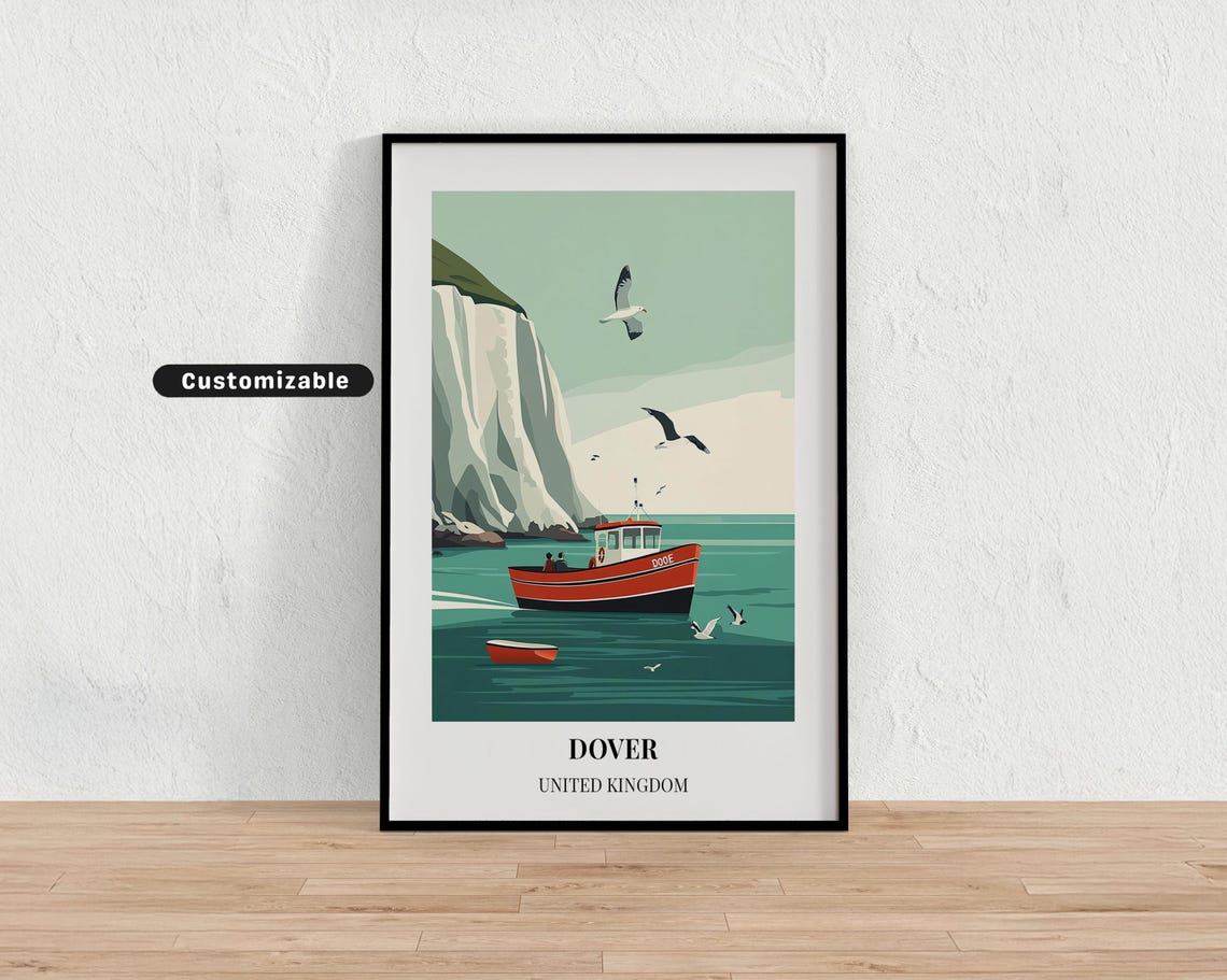 Dover White Cliffs Red Fishing Boat Seagulls Coastal Travel Poster