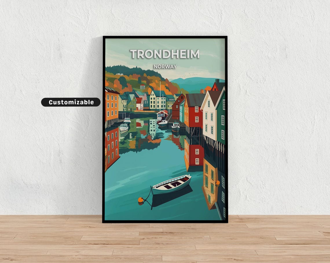 Trondheim Norway Travel Poster Colorful Waterfront Houses River Scene