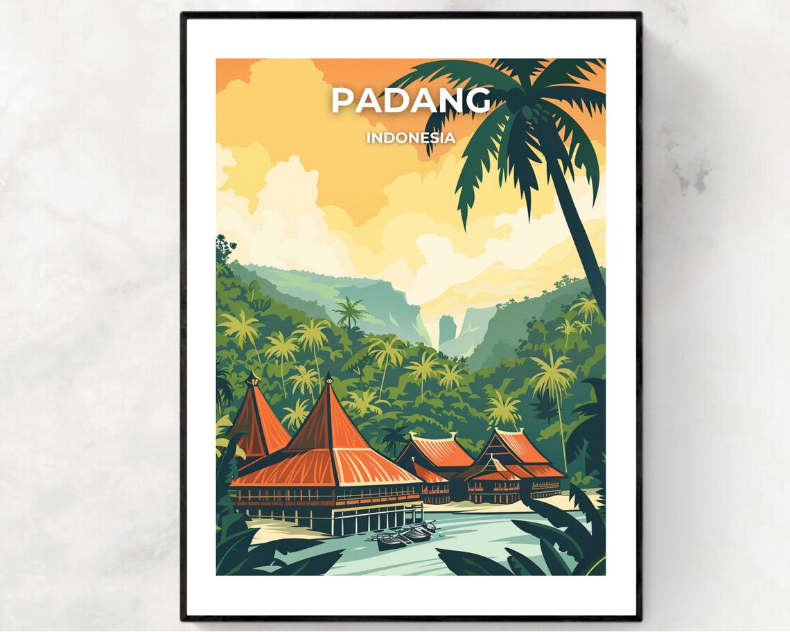 Padang Indonesia Lakeside Stilt Houses Golden Jungle Travel Poster