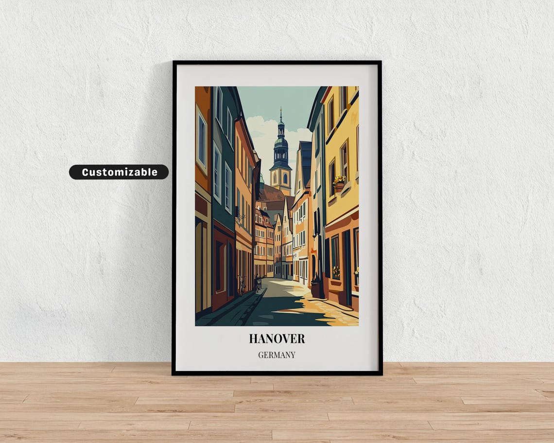 Hanover Germany Old Town Lane Travel Poster with Church Tower View