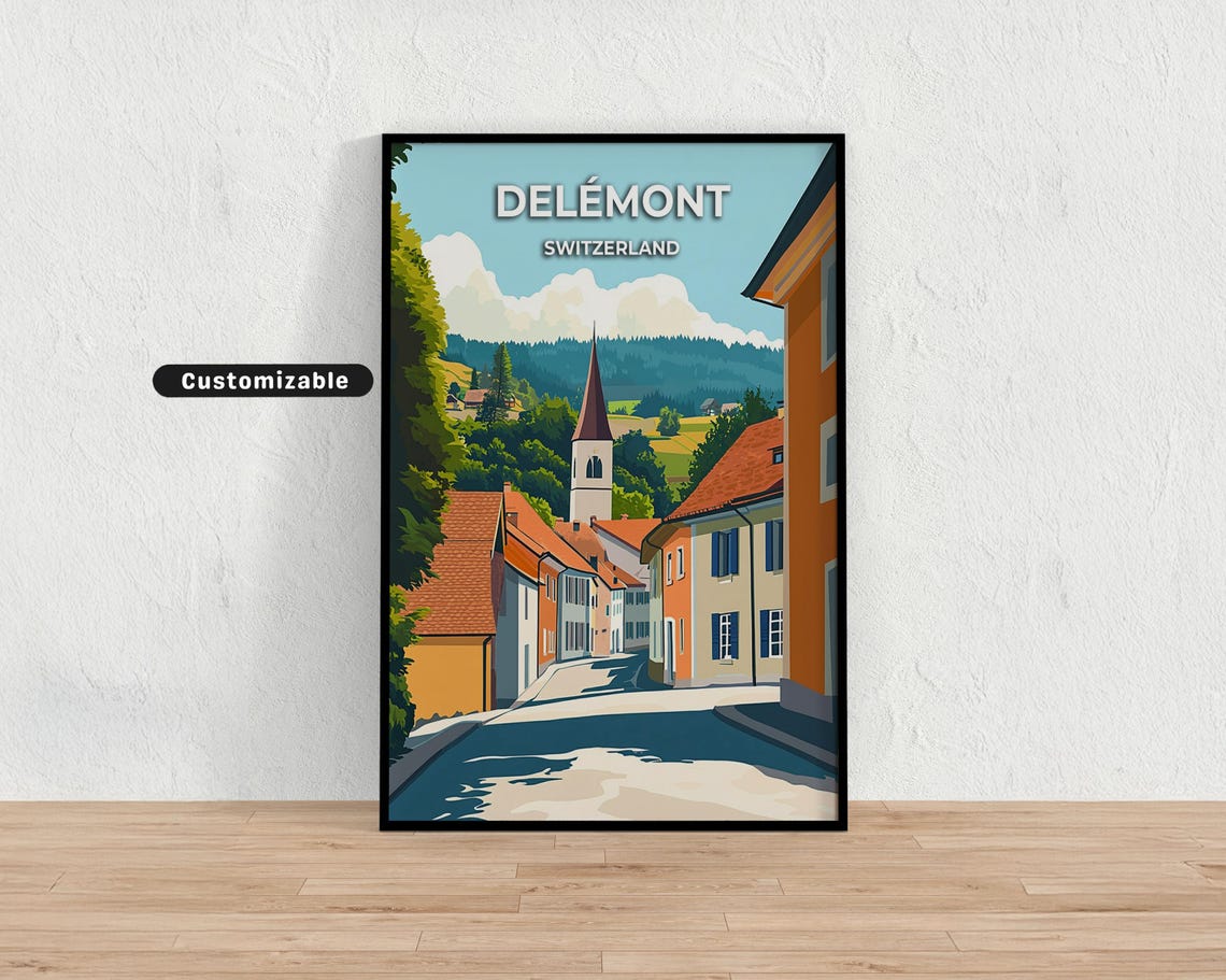 Delemont Switzerland Historic Old Town Church Steeple Travel Poster