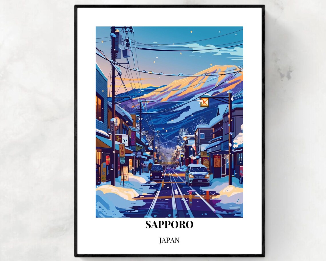 Sapporo Japan Snowy Street Dusk Glowing Mountains Winter Travel Poster