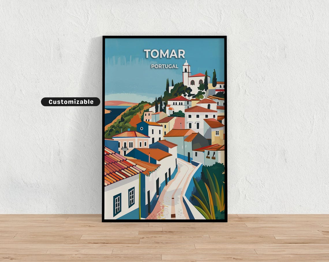 Tomar Portugal Hillside Church Red Roofs Custom Travel Poster
