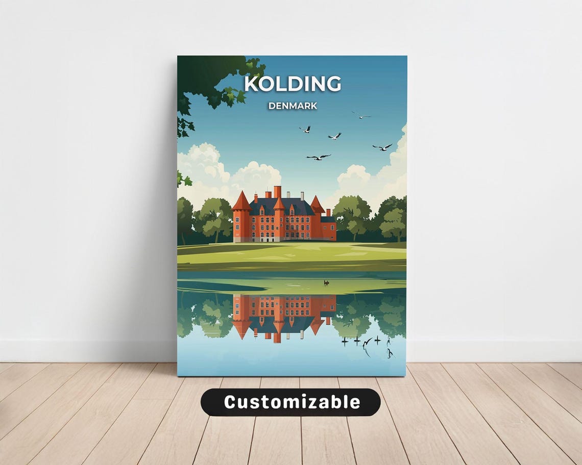 Kolding Denmark Castle Lake Birds Flat Illustration Travel Poster