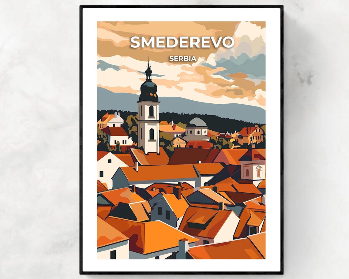 Smederevo Serbia Historic Bell Tower Old Town Rooftops Travel Poster