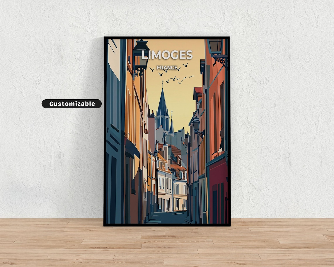 Limoges France Cathedral Spire Old Street Sunset Travel Poster