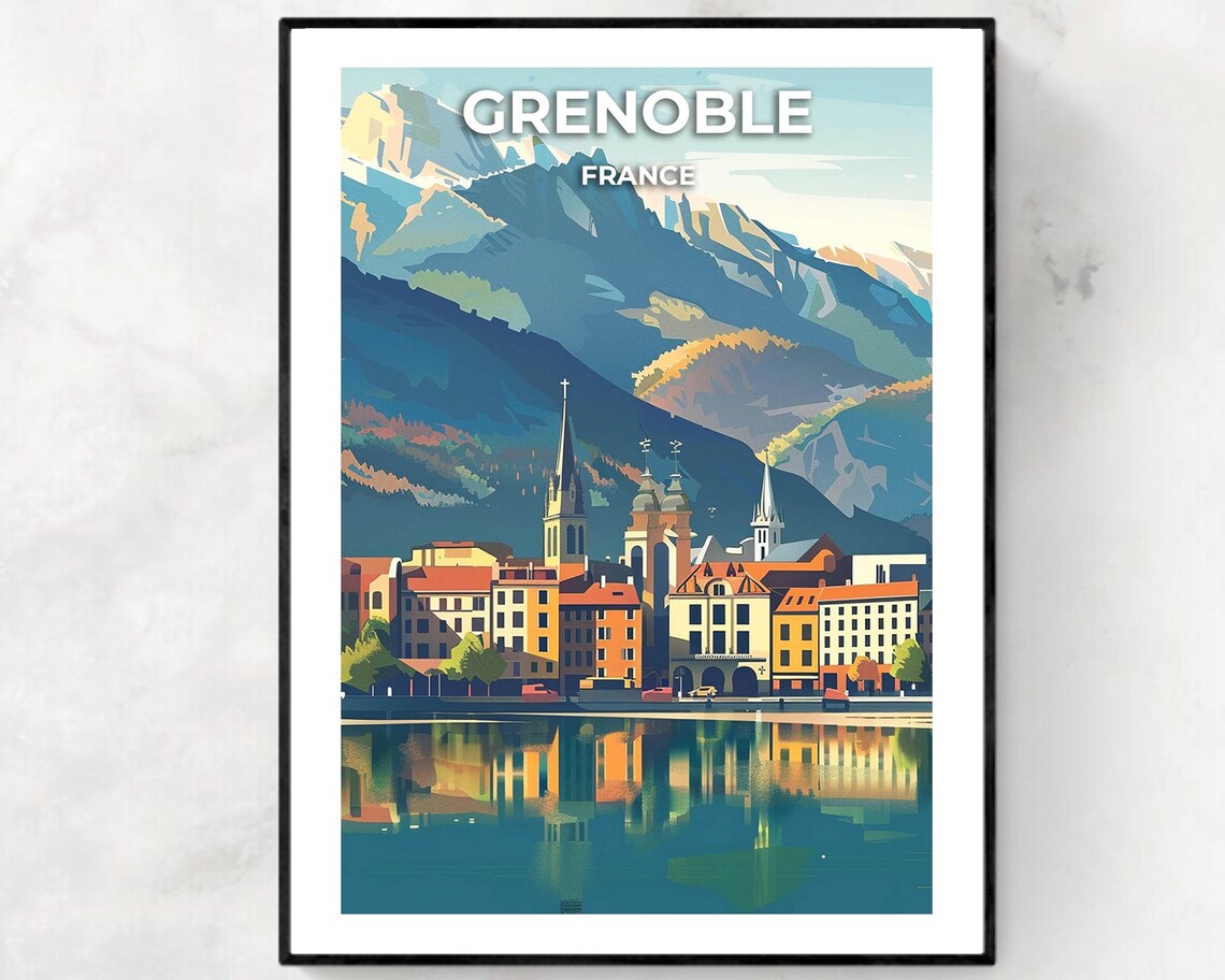 Grenoble France Alpine Old Town Lake Reflection Scene Travel Poster