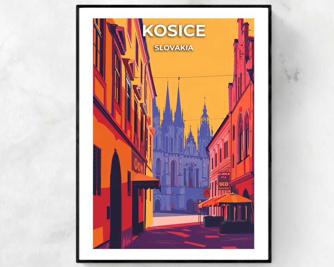 Kosice Slovakia Old Town Street at Sunset with Cathedral Poster
