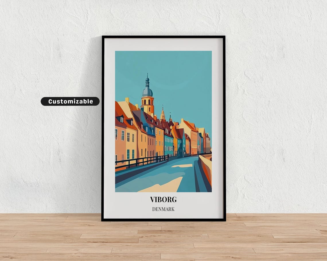 Viborg Denmark Customizable Travel Poster Canal Colorful Houses Church