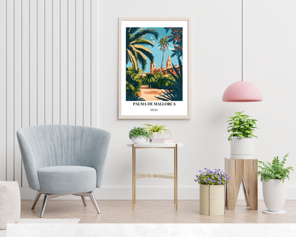 Palma de Mallorca Spain Cathedral Through Palm Trees Travel Poster - Image 2