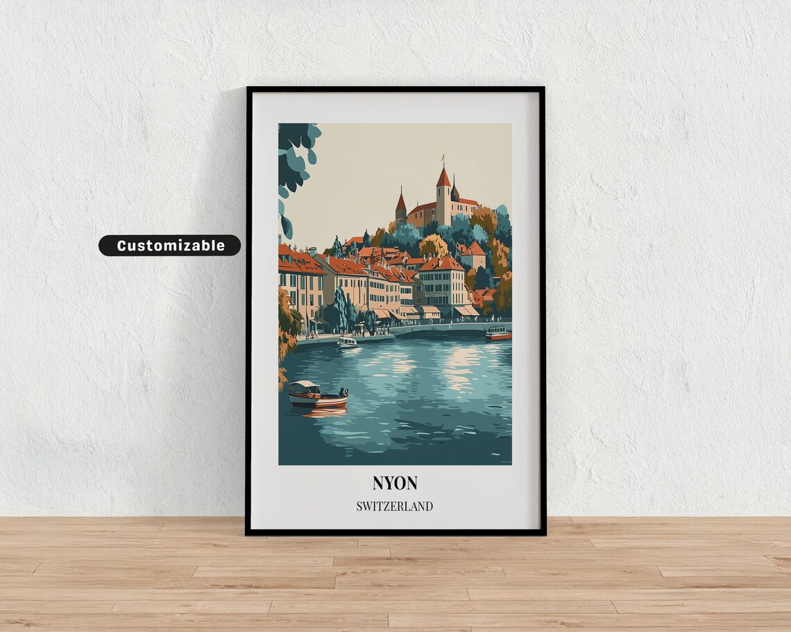 Nyon Switzerland Riverside Castle and Lake Travel Poster with Boats