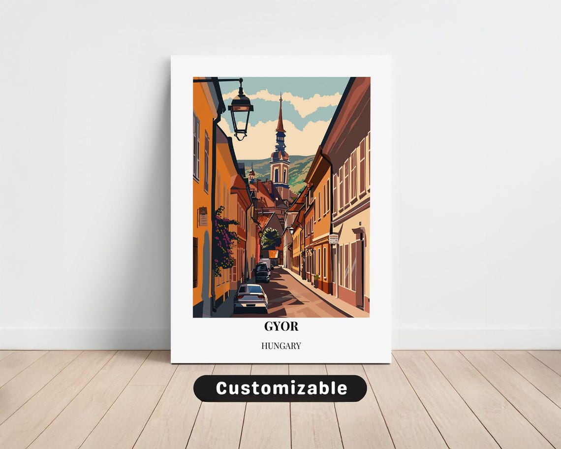 Gyor Hungary Travel Poster Historic Street Lamp Retro Vintage Art