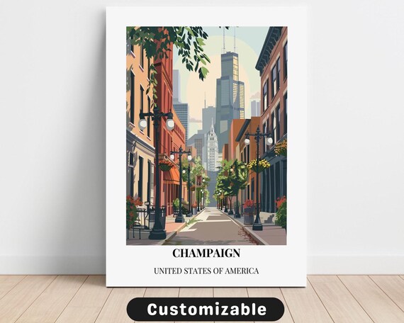 Champaign USA Retro City Street Skyline Vintage Travel Poster