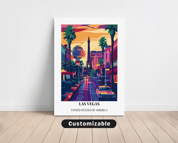 Las Vegas USA Eiffel Tower Replica Neon Night Custom Travel Poster