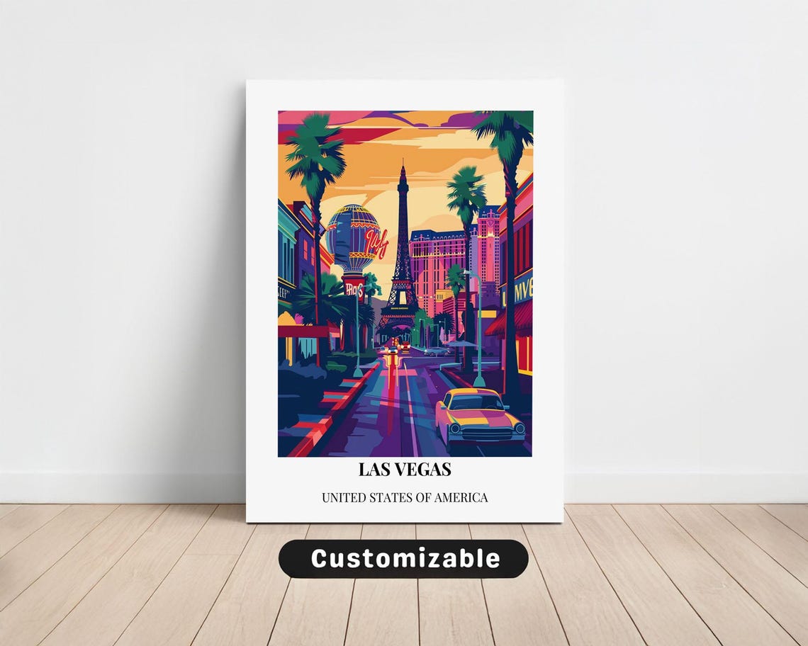 Las Vegas USA Eiffel Tower Replica Neon Night Custom Travel Poster