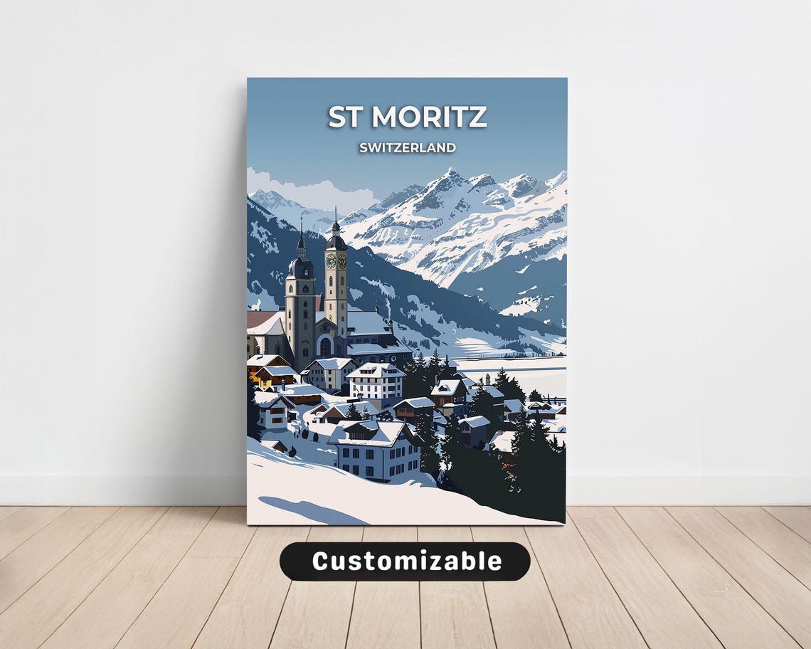 St Moritz Switzerland Snowy Alpine Village Vintage Travel Poster