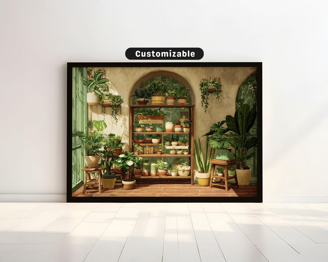 Sunlit Greenhouse Corner Potted Plant Shelves Botanical Indoor Poster