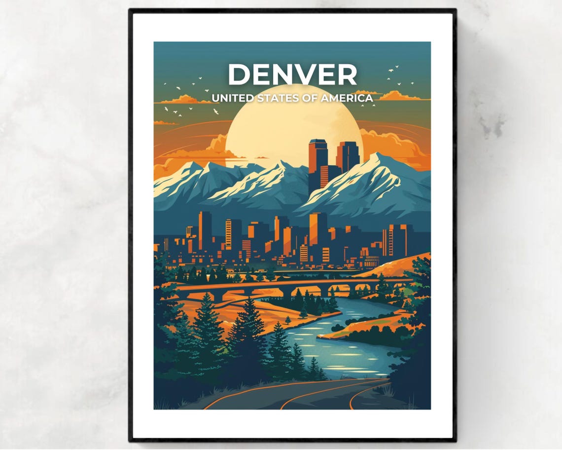 Denver Skyline Rocky Mountains Moonlit River Poster Top Title