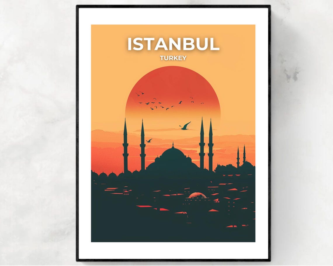 Istanbul Mosque Silhouette Sunset Turkey Skyline Travel Poster