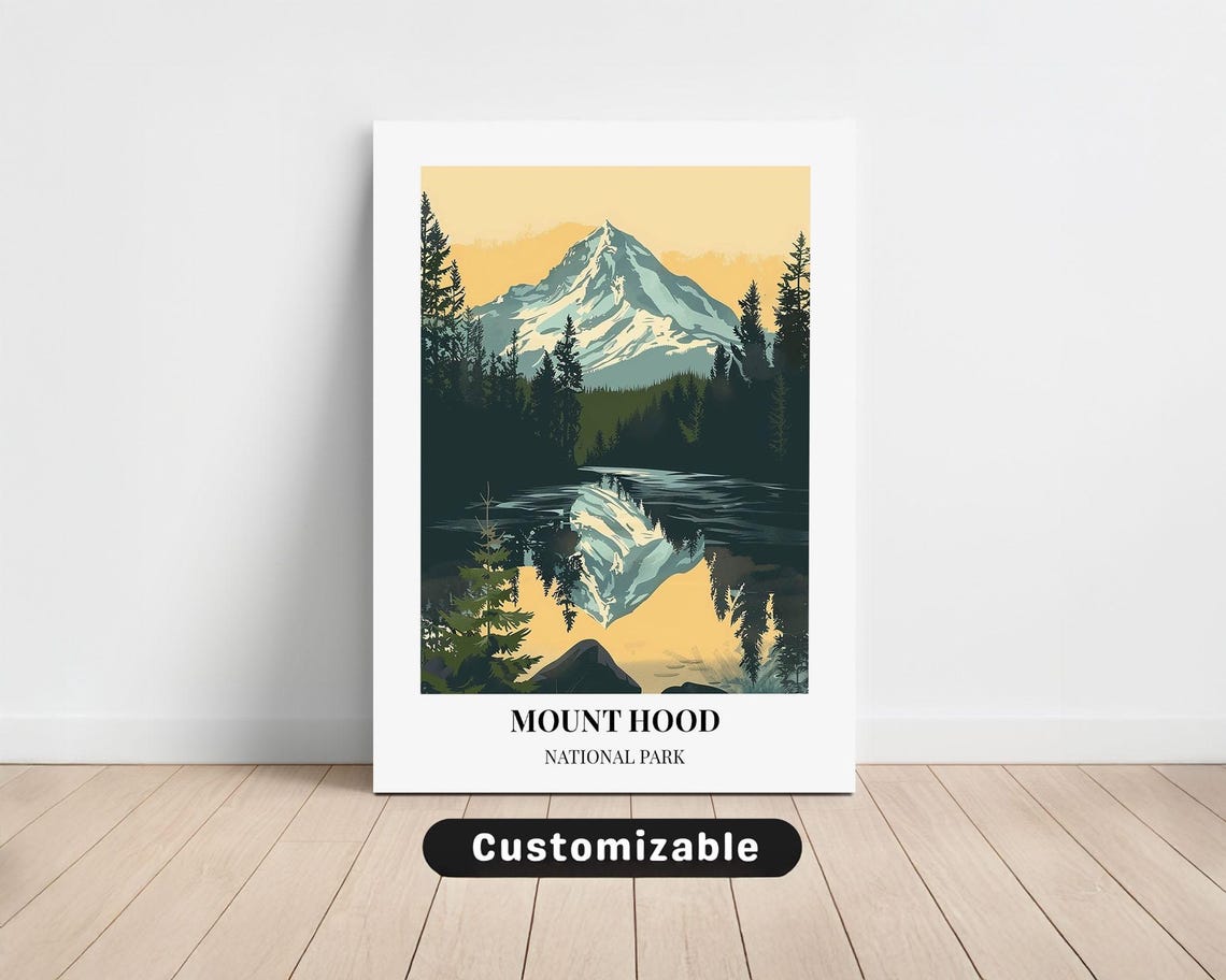 Mount Hood National Park Travel Poster Snow Peak Lake Reflection Decor