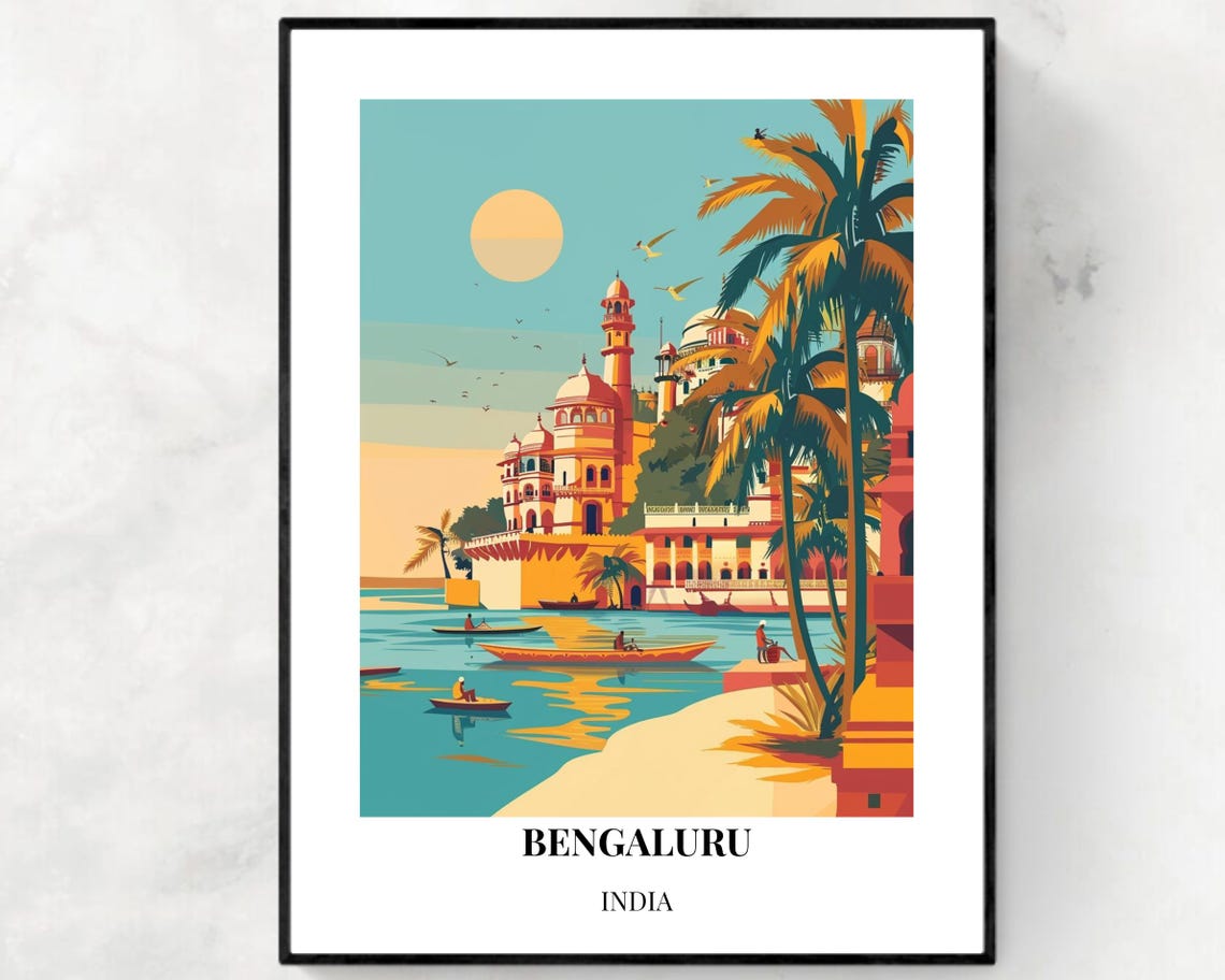 Bengaluru India Palace Lakefront Sunset Scene Vintage Travel Poster