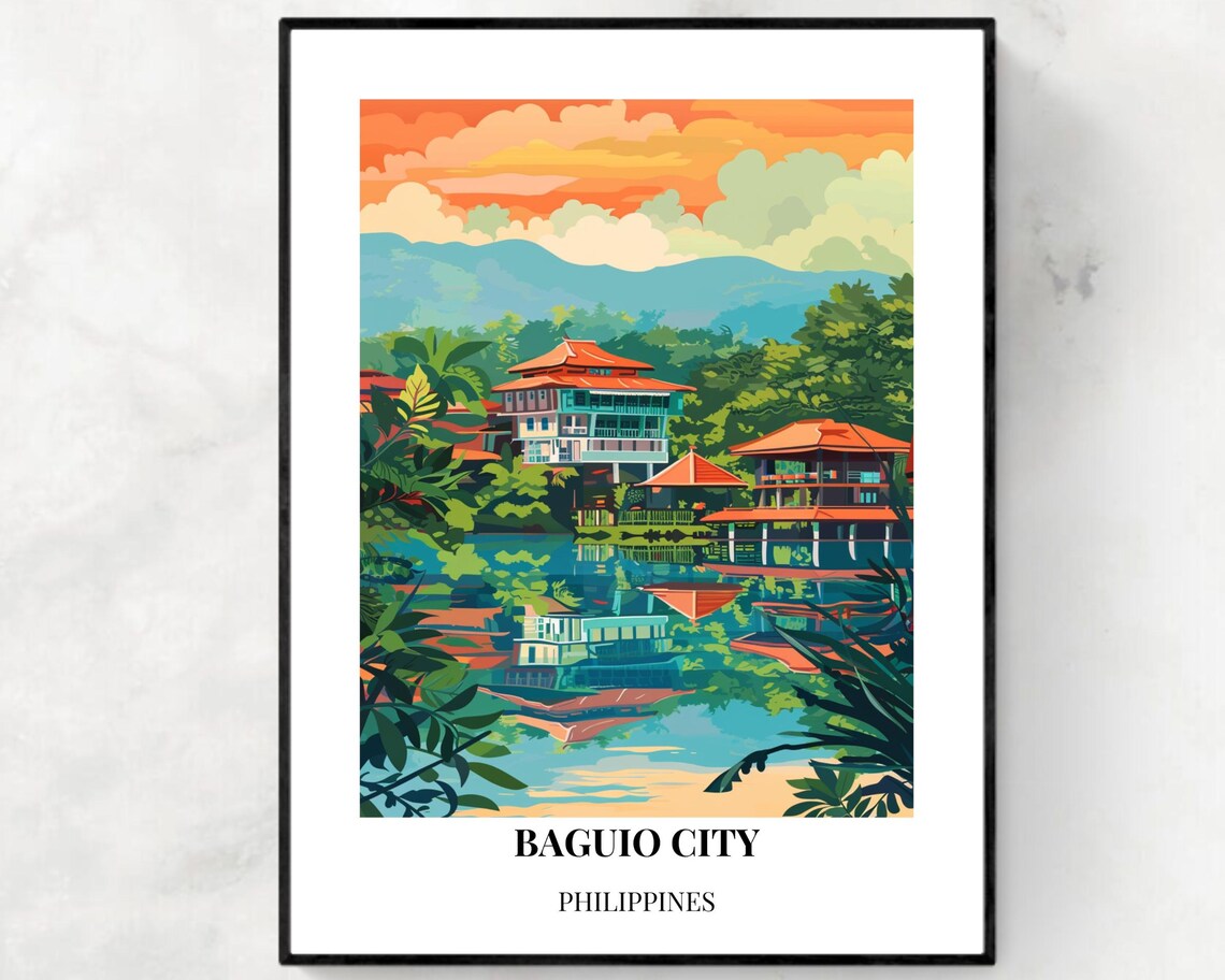 Baguio City Pavilions Mirrored in Lake at Sunset Philippines Poster