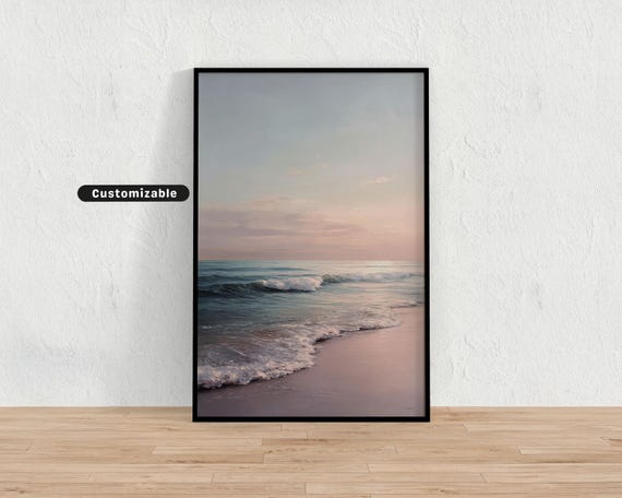 Muted Seascape With Pale Pink Horizon And Calm Waves Minimalist Style Neutral Wall Art Print Modern Decor