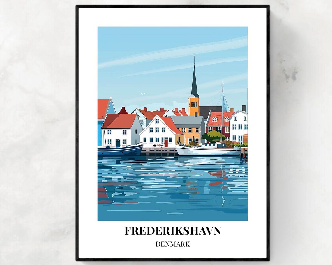 Frederikshavn Denmark Waterfront Church Spire Blue Day Travel Poster