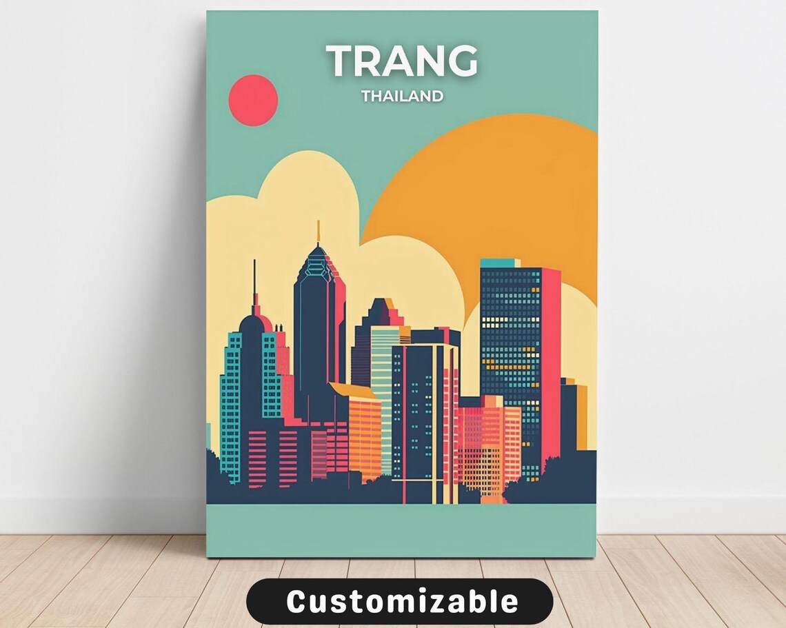 Trang Thailand Urban City Skyline Sunset Retro Travel Poster