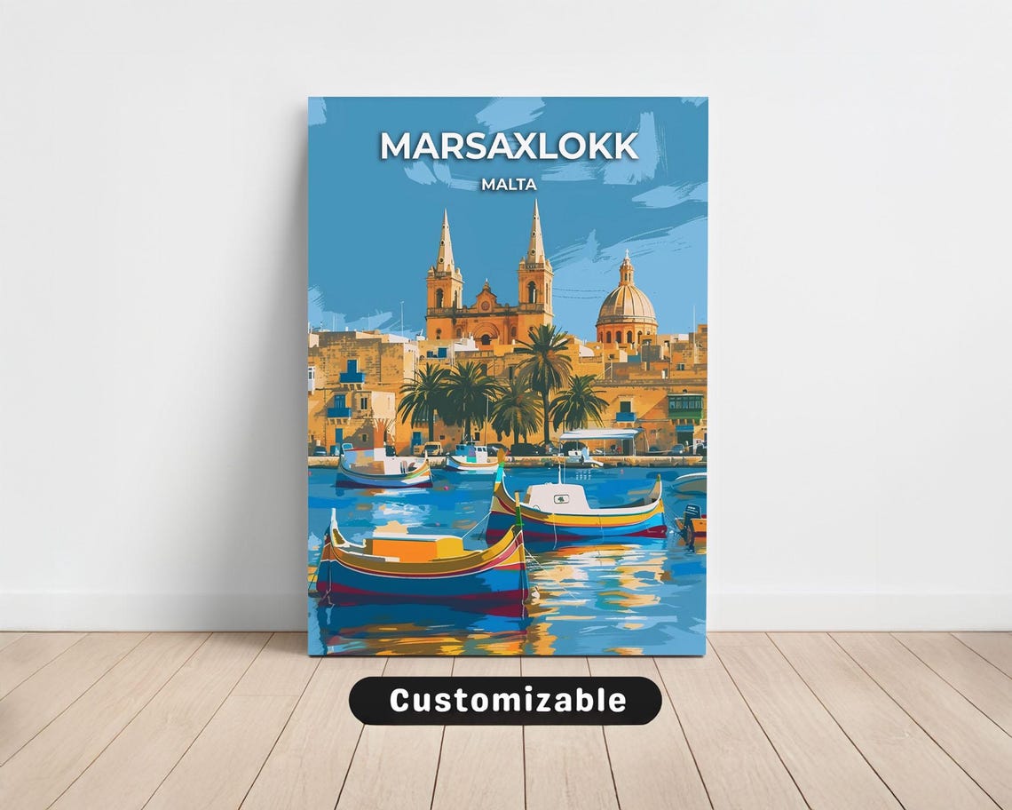 Marsaxlokk Malta Blue Harbor Boats Vintage Travel Art Poster