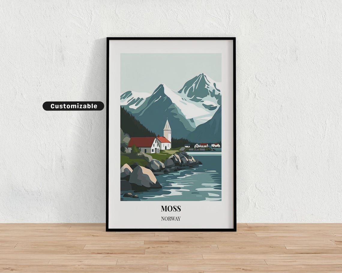 Moss Norway Fjord Church Rocky Shore Snowy Peaks Travel Poster