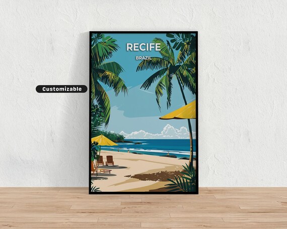 Recife Brazil Beach Chairs Yellow Umbrellas Ocean Waves Travel Poster
