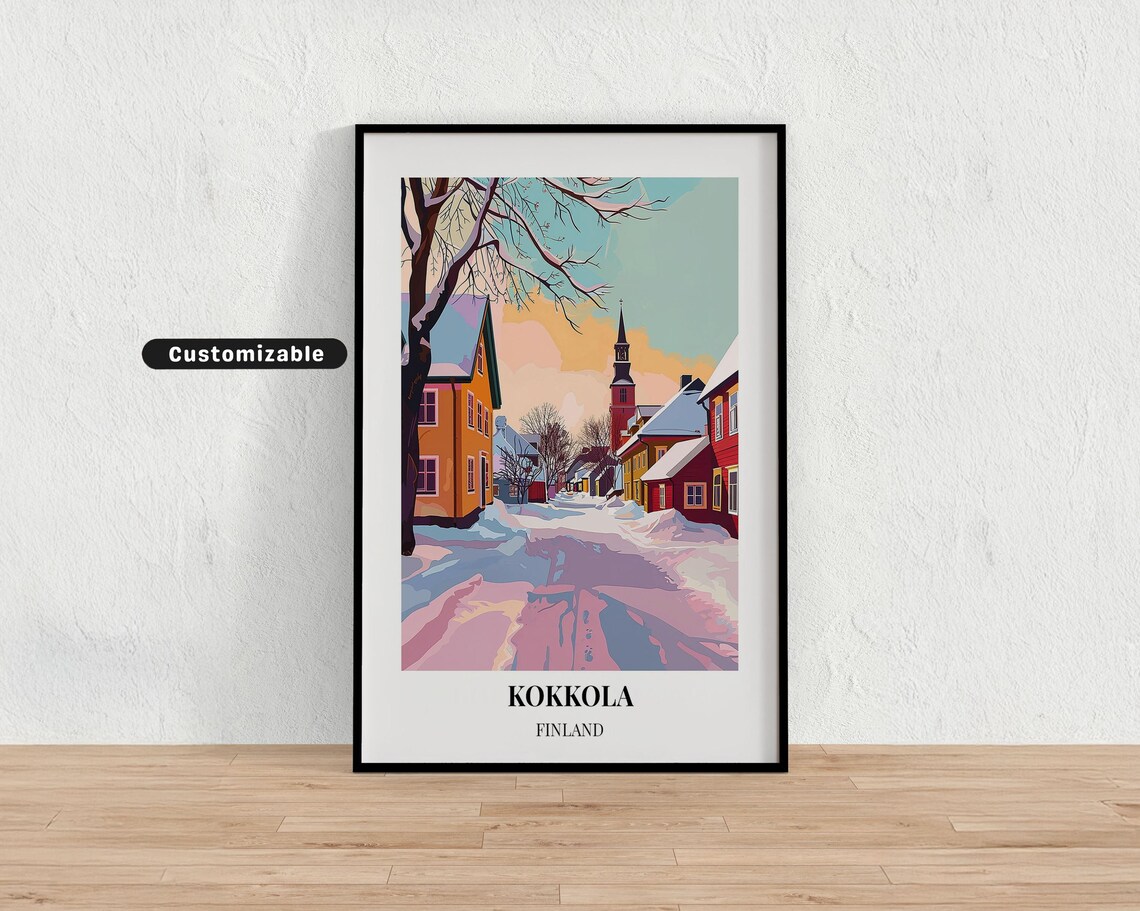 Kokkola Finland Snowy Winter Street Colorful Old Town Travel Poster