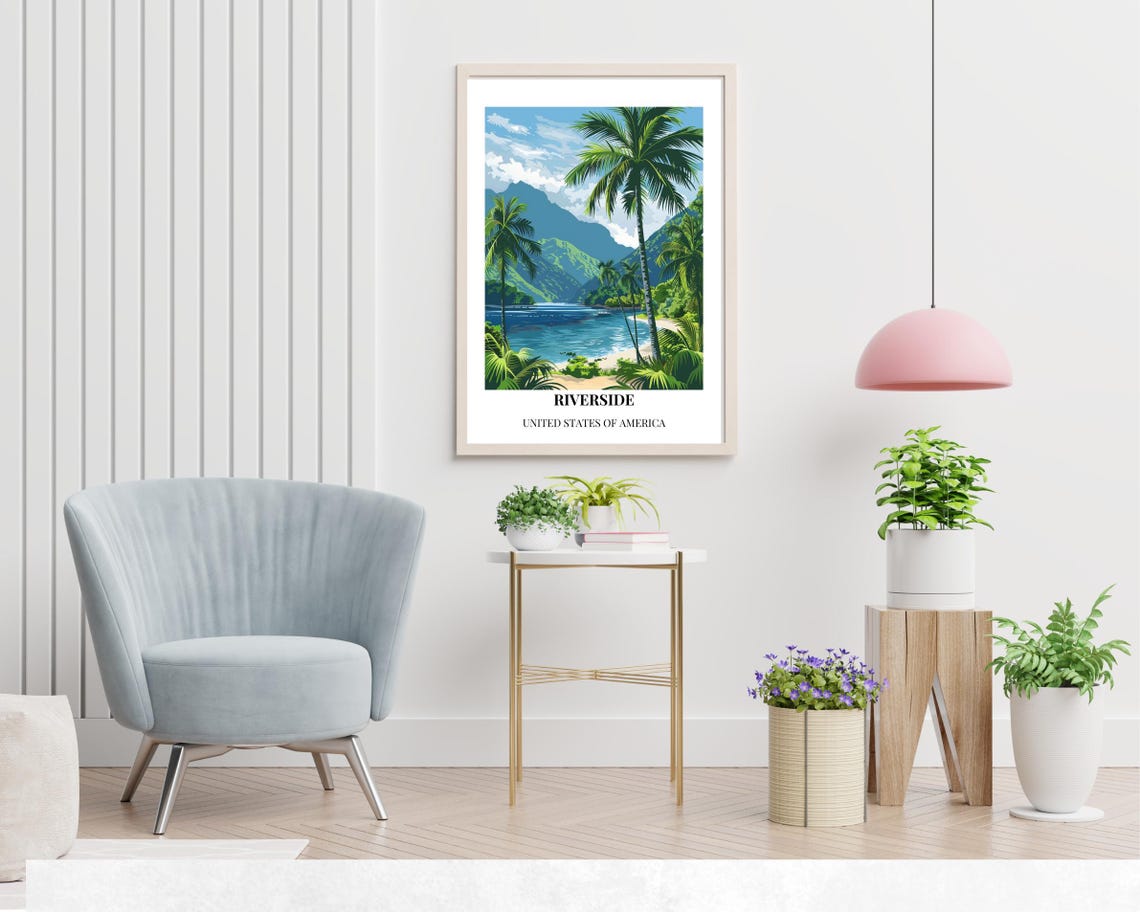 Riverside Palm Lagoon Tropical Sunset Vintage-Style Travel Poster - Image 2