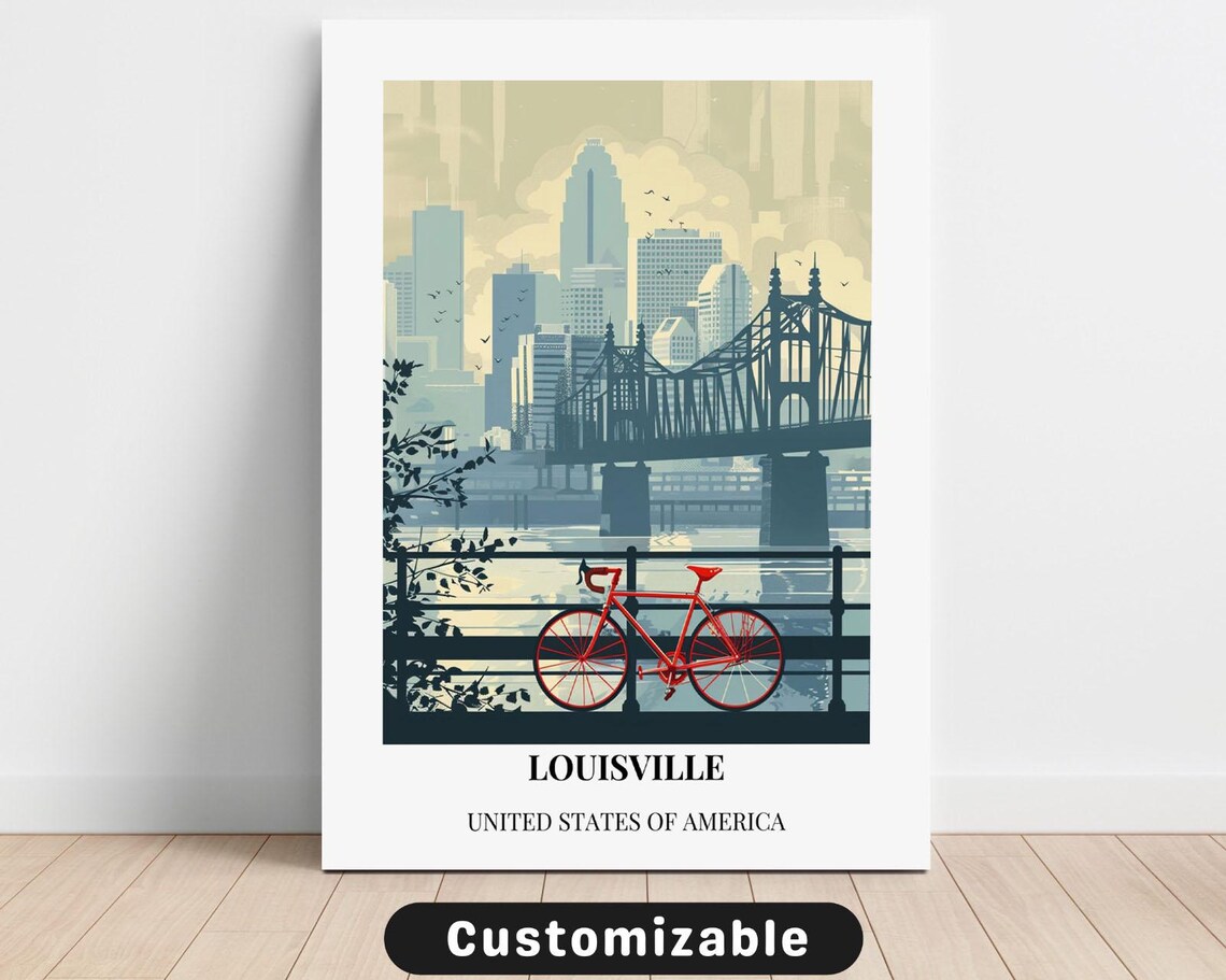 Louisville Kentucky Bridge Bicycle Vintage Travel Art Poster