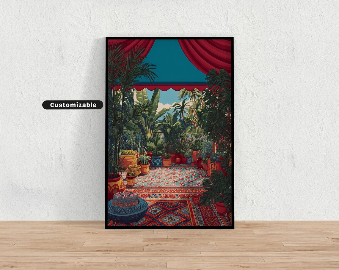 Patterned Rug And Ceramic Decor Under A Vibrant Canopy Mediterranean Colorful Wall Art Tropical Illustration Print Modern Boho Home De