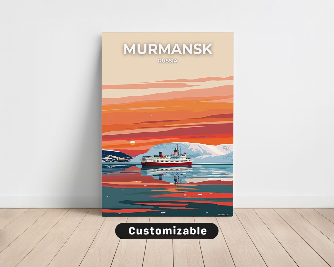 Murmansk Russia Arctic Sunset Icebreaker Ship Vintage Travel Poster