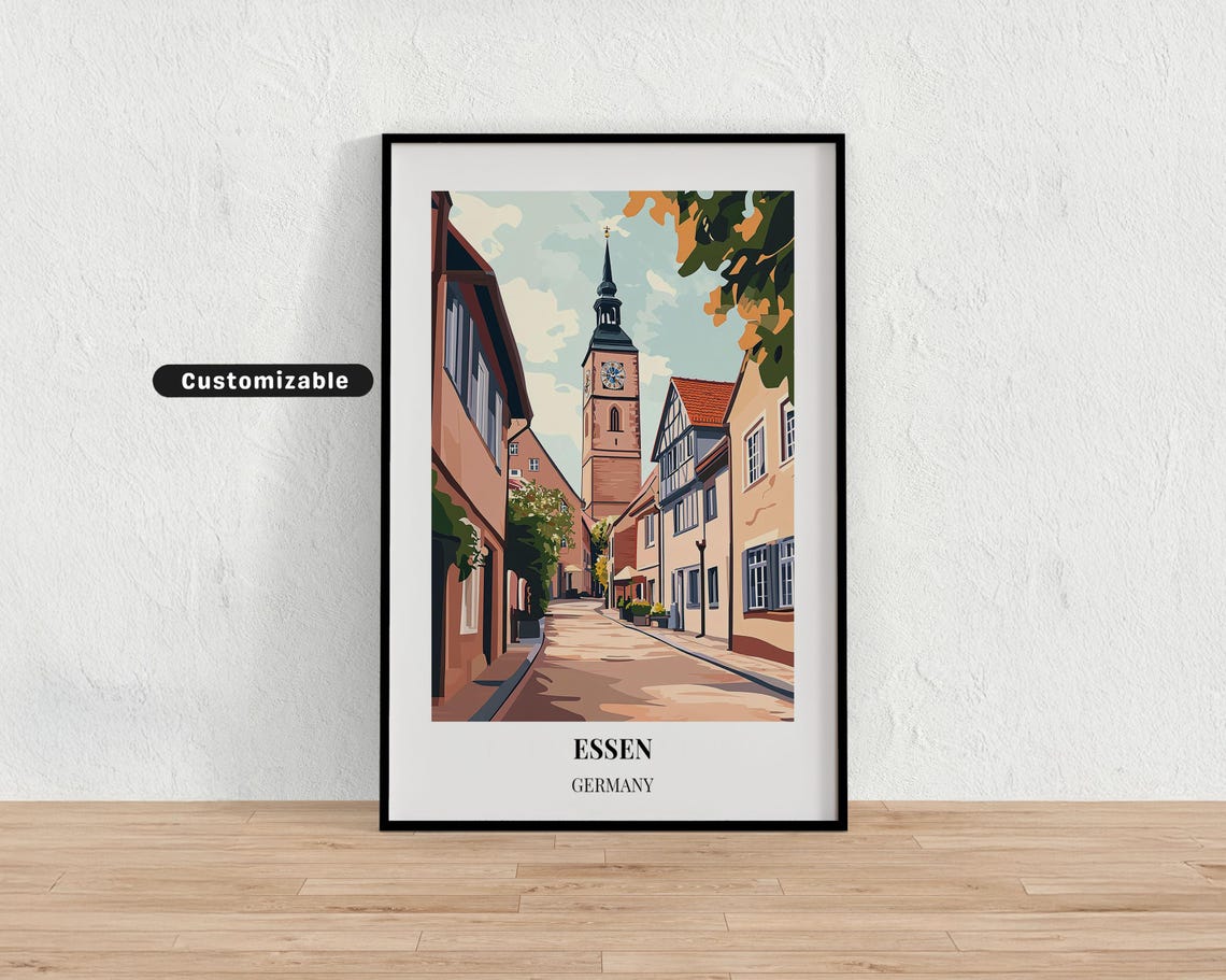 Essen Germany Old Town Travel Poster with Church Tower Street View