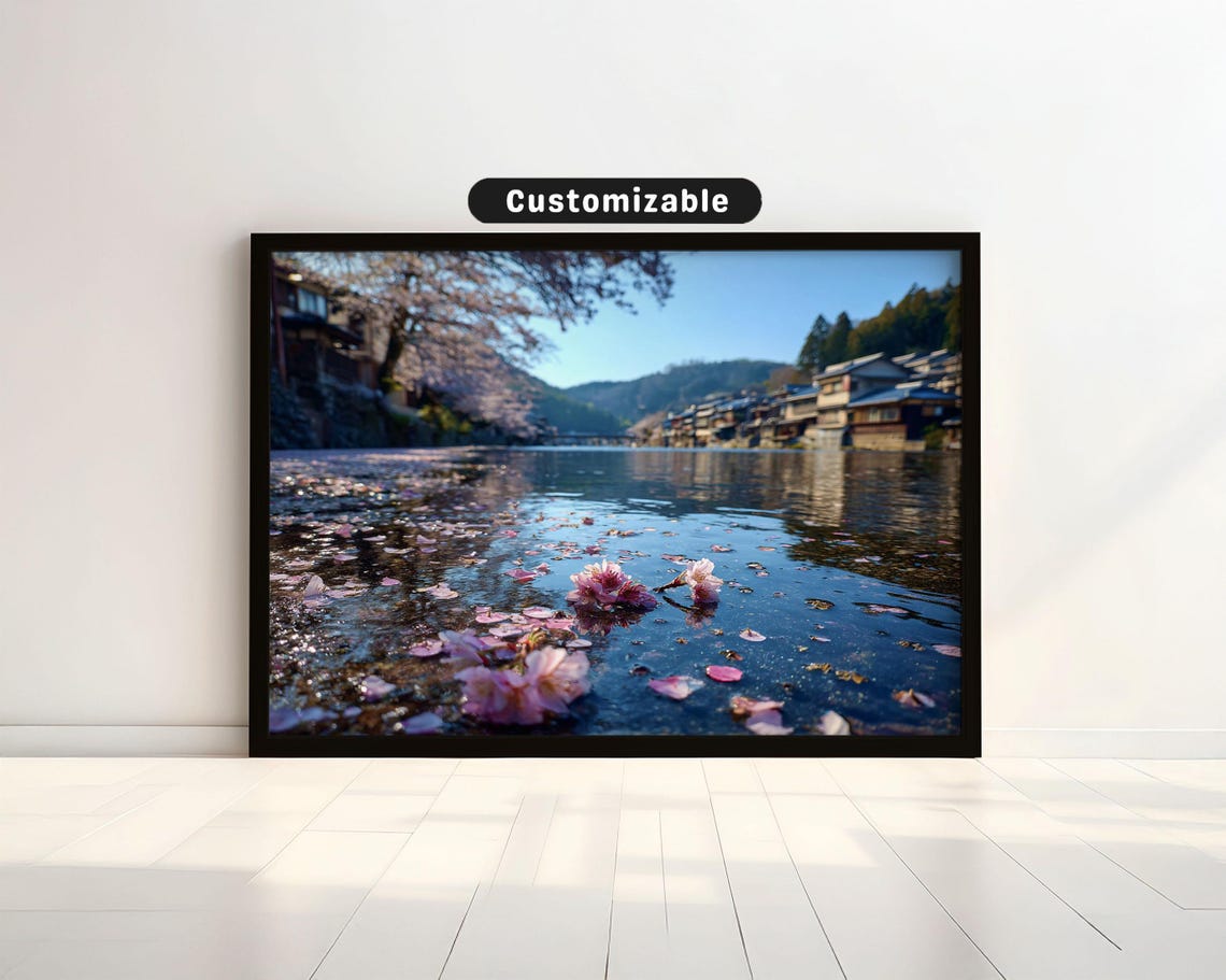 Cherry Blossom Petals Drifting Across River With Distant Village Japanese Wall Art Print Zen Asian Decor