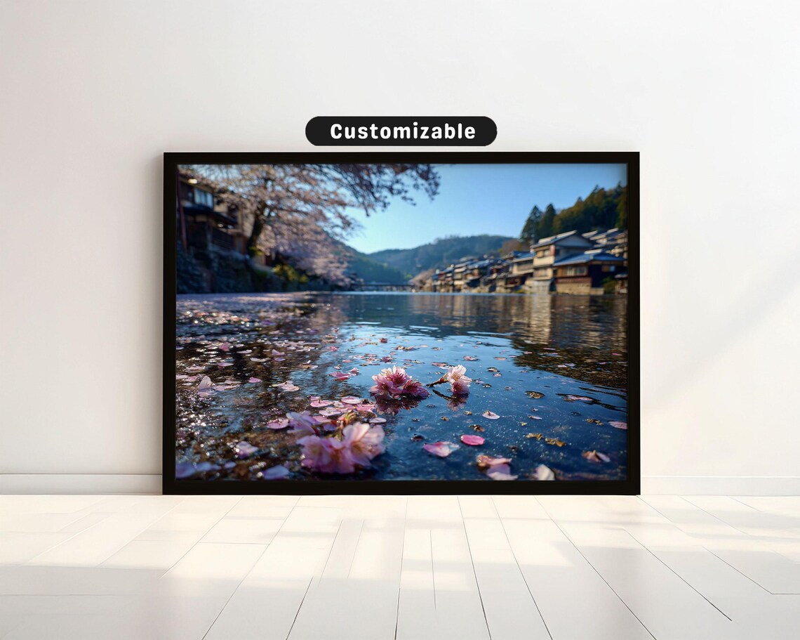 Cherry Blossom Petals on River Japanese Village Photo Art Print