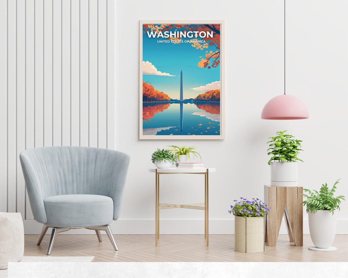 Washington DC Autumn Monument Reflecting Pool Top Title Travel Poster - Image 2
