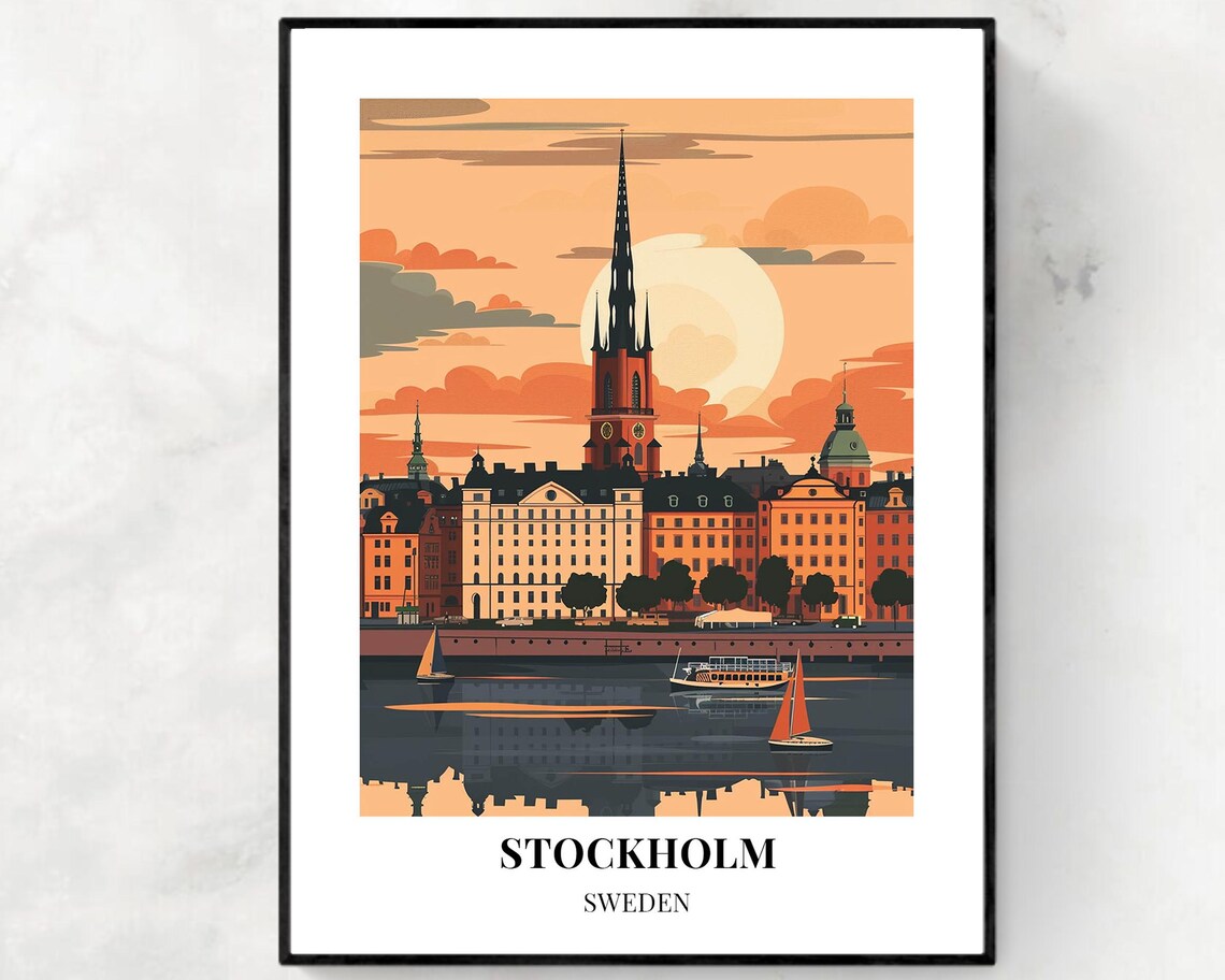 Stockholm Golden Sunset Waterfront Sailboats Sweden Travel Poster