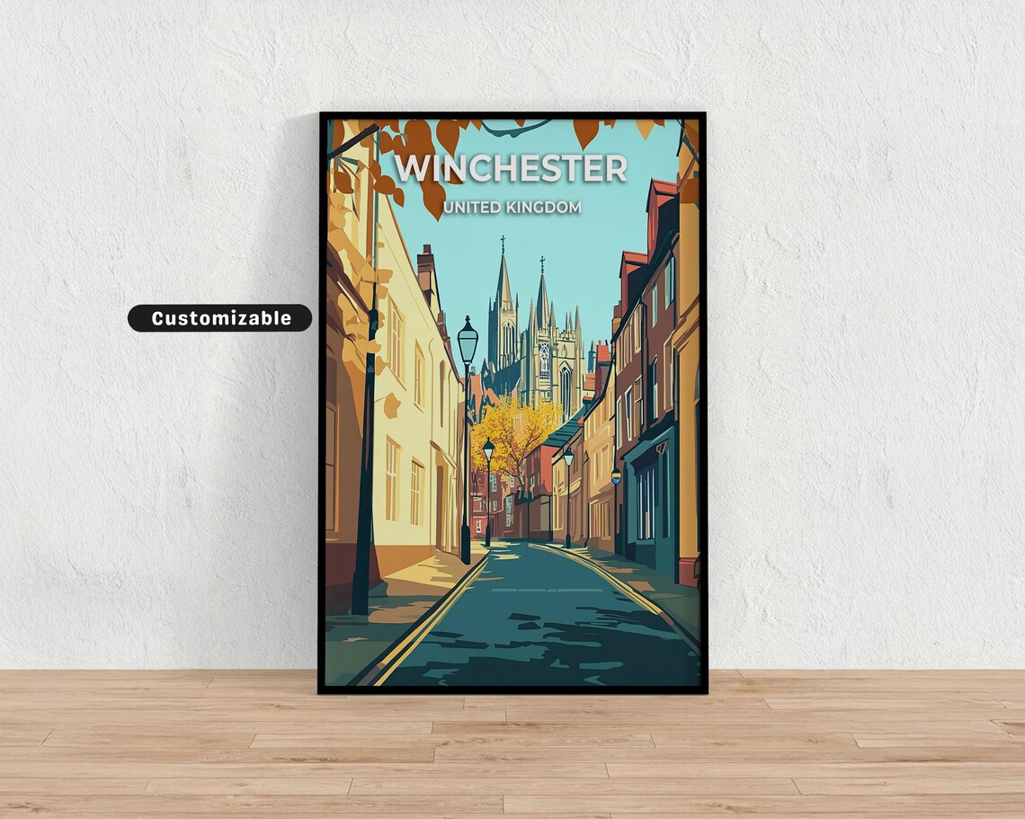 Winchester United Kingdom Autumn Street Cathedral Custom Travel Poster