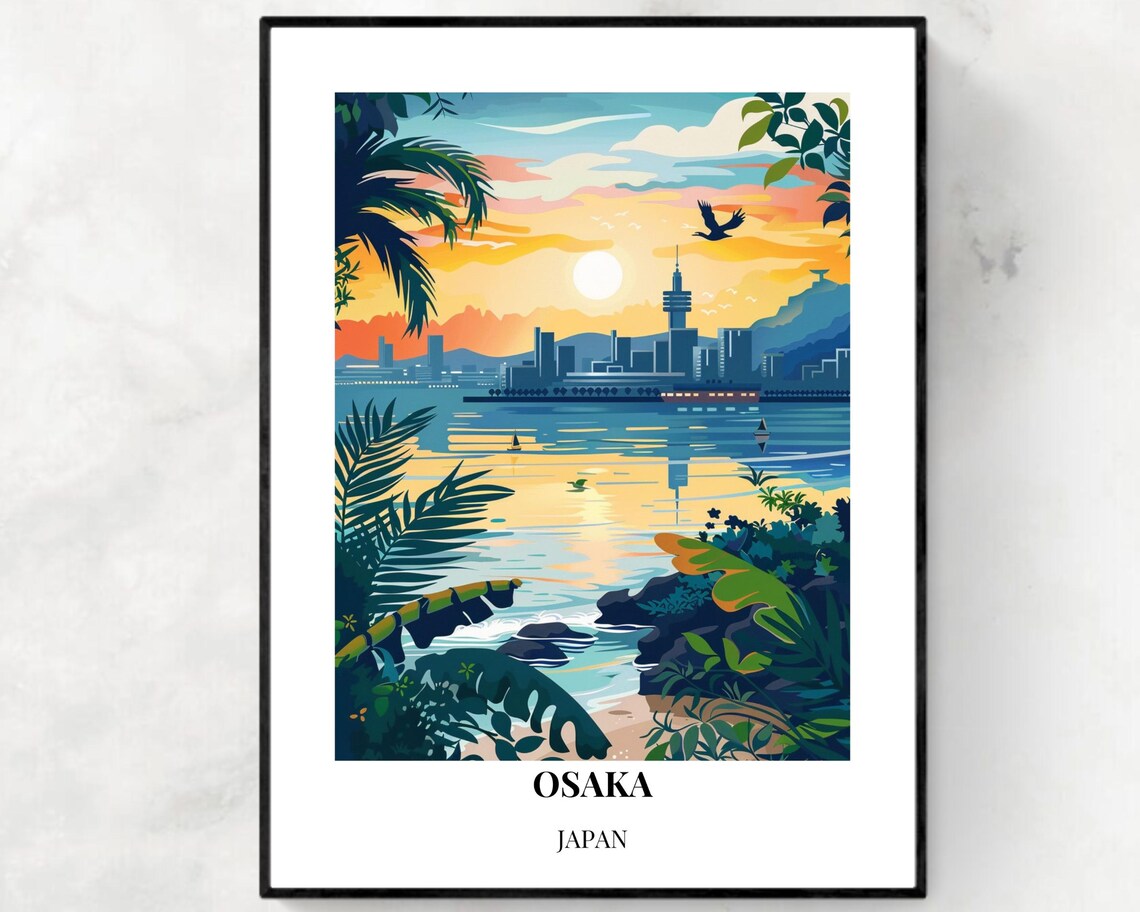 Osaka Japan Sunset Bay Skyline Tropical Palm Cityscape Travel Poster