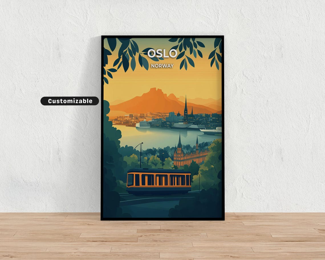 Customizable Oslo Norway Sunset Tram Harbour View Travel Poster