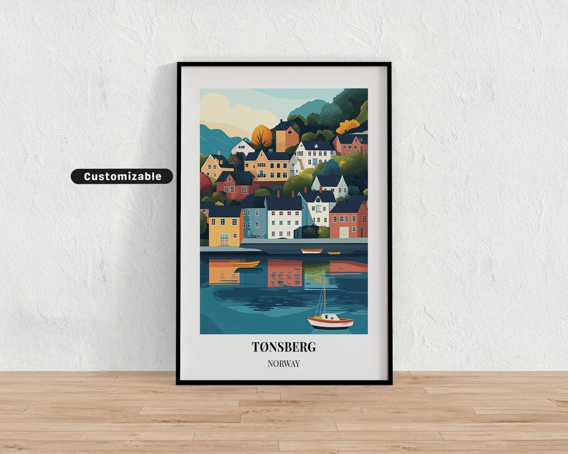 Tønsberg Norway Waterfront Harbor Sailboat Modern Travel Art Poster