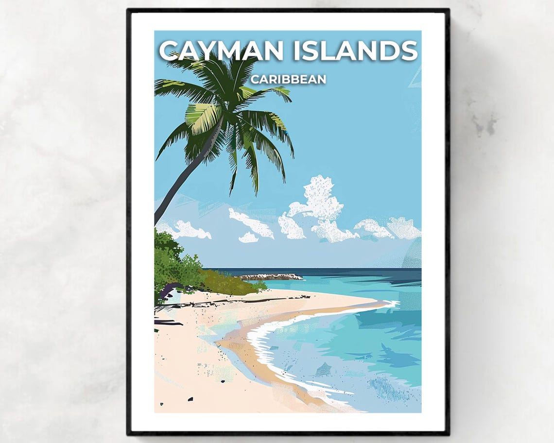 Cayman Islands Caribbean Beach Palm Tree Illustrated Travel Poster