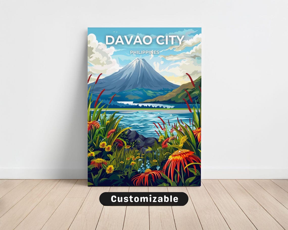 Davao City Philippines Volcano Lake Wildflowers Travel Poster