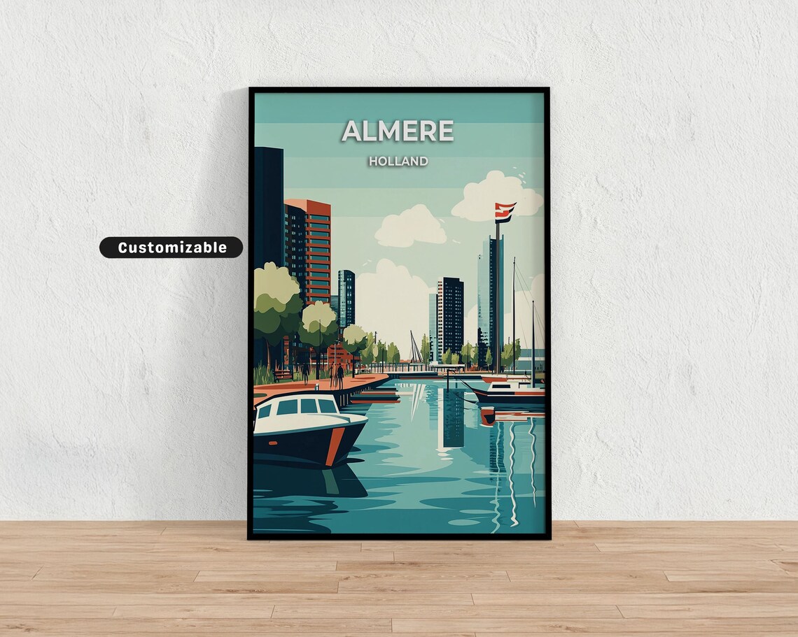 Almere Holland Harbor Boats and Modern Towers Retro City Poster